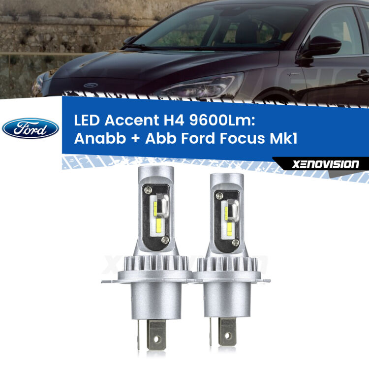 <strong>Kit LED per anabbaglianti + abbaglianti Focus</strong> Mk1 a parabola singola.</strong> Coppia lampade <strong>H4</strong> doppia intensità senza ventola e ultracompatte per installazioni in fari senza spazi.