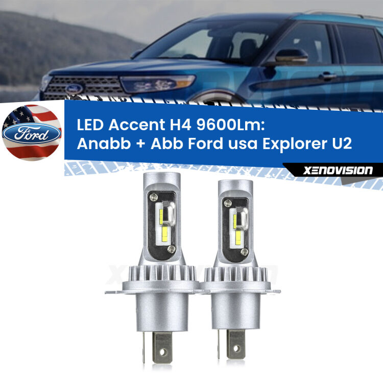 <strong>Kit LED per anabbaglianti + abbaglianti Explorer</strong> U2 1995 - 2001.</strong> Coppia lampade <strong>H4</strong> doppia intensità senza ventola e ultracompatte per installazioni in fari senza spazi.