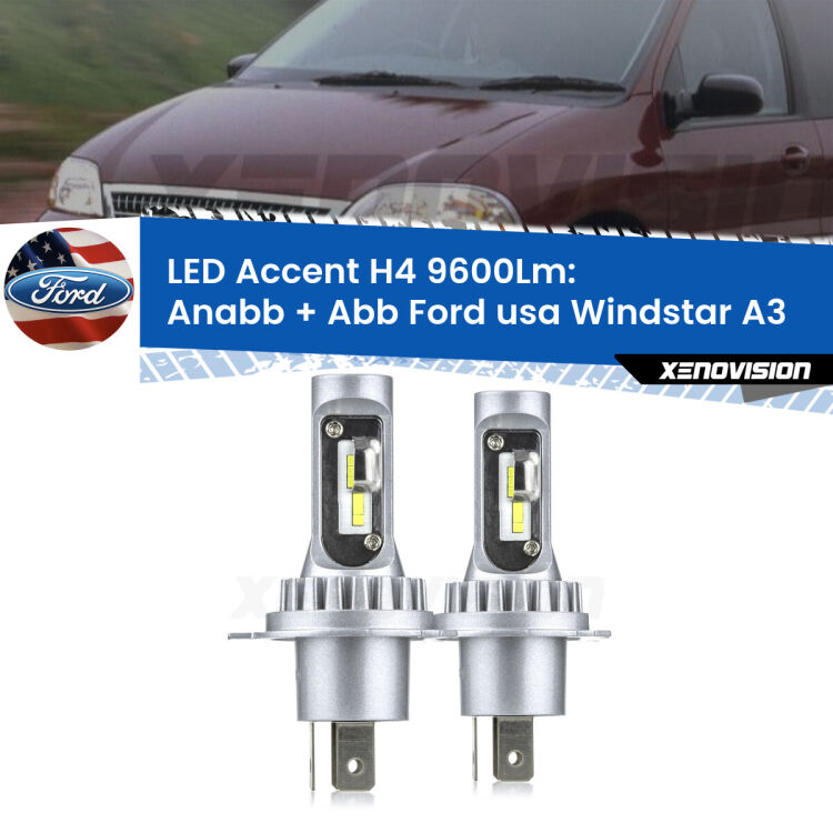 <strong>Kit LED per anabbaglianti + abbaglianti Windstar</strong> A3 1995 - 2000.</strong> Coppia lampade <strong>H4</strong> doppia intensità senza ventola e ultracompatte per installazioni in fari senza spazi.