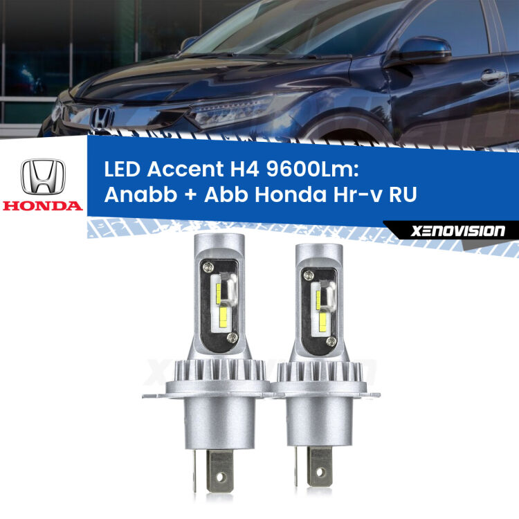 <strong>Kit LED per anabbaglianti + abbaglianti Hr-v</strong> RU a parabola singola.</strong> Coppia lampade <strong>H4</strong> doppia intensità senza ventola e ultracompatte per installazioni in fari senza spazi.