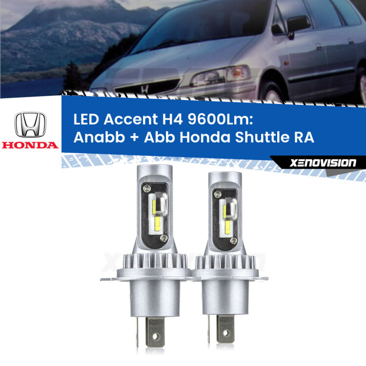 <strong>Kit LED per anabbaglianti + abbaglianti Shuttle</strong> RA 1994 - 2004.</strong> Coppia lampade <strong>H4</strong> doppia intensità senza ventola e ultracompatte per installazioni in fari senza spazi.