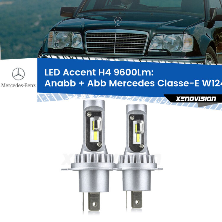 <strong>Kit LED per anabbaglianti + abbaglianti Classe-E</strong> W124 1993 - 1995.</strong> Coppia lampade <strong>H4</strong> doppia intensità senza ventola e ultracompatte per installazioni in fari senza spazi.