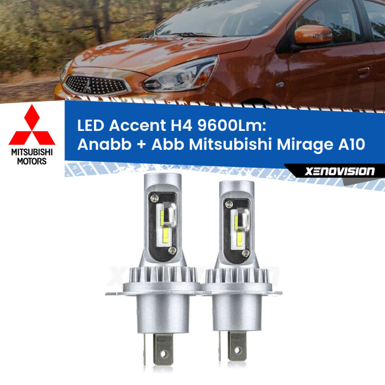 <strong>Kit LED per anabbaglianti + abbaglianti Mirage</strong> A10 2013 in poi.</strong> Coppia lampade <strong>H4</strong> doppia intensità senza ventola e ultracompatte per installazioni in fari senza spazi.