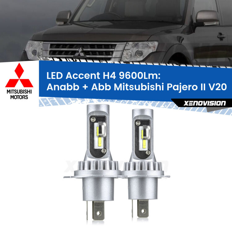 <strong>Kit LED per anabbaglianti + abbaglianti Pajero II</strong> V20 1990 - 2000.</strong> Coppia lampade <strong>H4</strong> doppia intensità senza ventola e ultracompatte per installazioni in fari senza spazi.