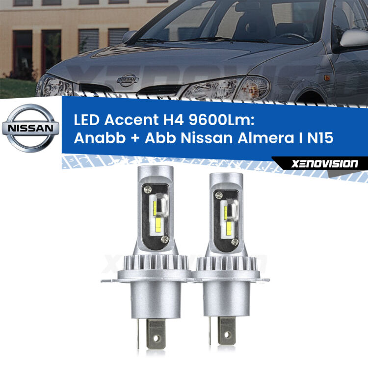 <strong>Kit LED per anabbaglianti + abbaglianti Almera I</strong> N15 1995 - 2000.</strong> Coppia lampade <strong>H4</strong> doppia intensità senza ventola e ultracompatte per installazioni in fari senza spazi.