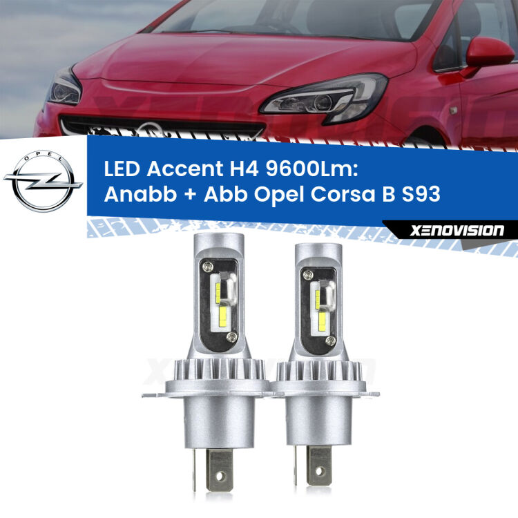 <strong>Kit LED per anabbaglianti + abbaglianti Corsa B</strong> S93 1993 - 2000.</strong> Coppia lampade <strong>H4</strong> doppia intensità senza ventola e ultracompatte per installazioni in fari senza spazi.