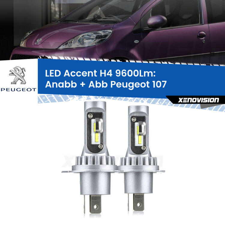 <strong>Kit LED per anabbaglianti + abbaglianti 107</strong>  2005 - 2014.</strong> Coppia lampade <strong>H4</strong> doppia intensità senza ventola e ultracompatte per installazioni in fari senza spazi.