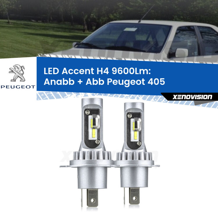 <strong>Kit LED per anabbaglianti + abbaglianti 405</strong>  1987 - 1997.</strong> Coppia lampade <strong>H4</strong> doppia intensità senza ventola e ultracompatte per installazioni in fari senza spazi.