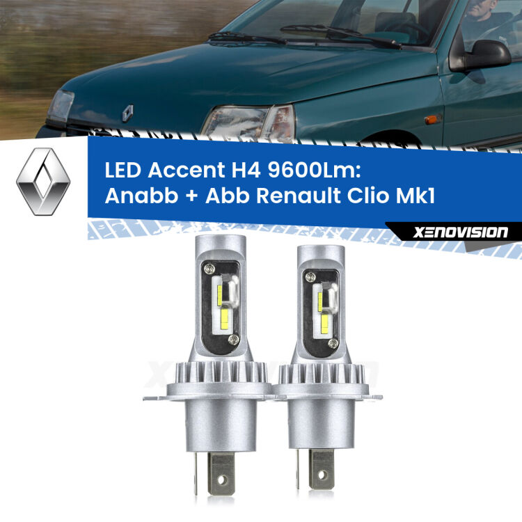 <strong>Kit LED per anabbaglianti + abbaglianti Clio</strong> Mk1 1990 - 1998.</strong> Coppia lampade <strong>H4</strong> doppia intensità senza ventola e ultracompatte per installazioni in fari senza spazi.