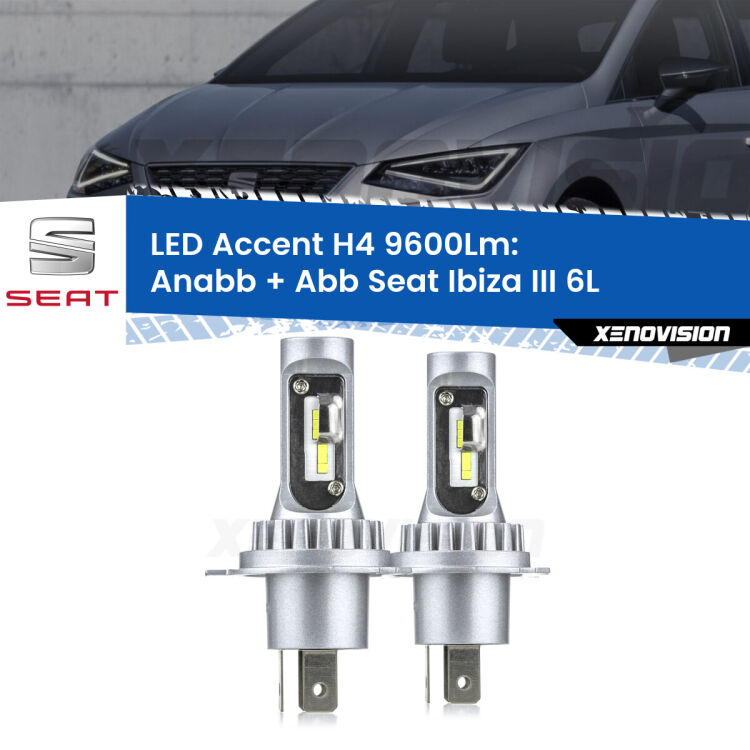 <strong>Kit LED per anabbaglianti + abbaglianti Ibiza III</strong> 6L a parabola singola.</strong> Coppia lampade <strong>H4</strong> doppia intensità senza ventola e ultracompatte per installazioni in fari senza spazi.