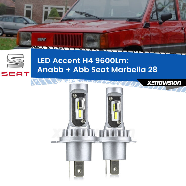 <strong>Kit LED per anabbaglianti + abbaglianti Marbella</strong> 28 1986 - 1998.</strong> Coppia lampade <strong>H4</strong> doppia intensità senza ventola e ultracompatte per installazioni in fari senza spazi.