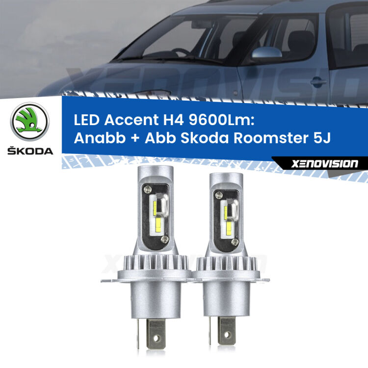 <strong>Kit LED per anabbaglianti + abbaglianti Roomster</strong> 5J fari a parabola.</strong> Coppia lampade <strong>H4</strong> doppia intensità senza ventola e ultracompatte per installazioni in fari senza spazi.