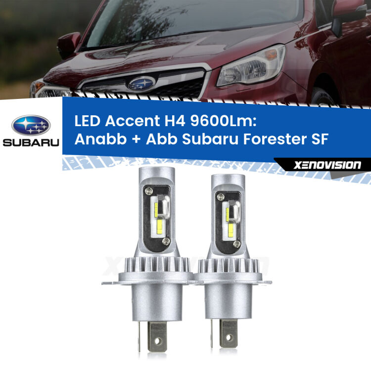 <strong>Kit LED per anabbaglianti + abbaglianti Forester</strong> SF 1997 - 2002.</strong> Coppia lampade <strong>H4</strong> doppia intensità senza ventola e ultracompatte per installazioni in fari senza spazi.