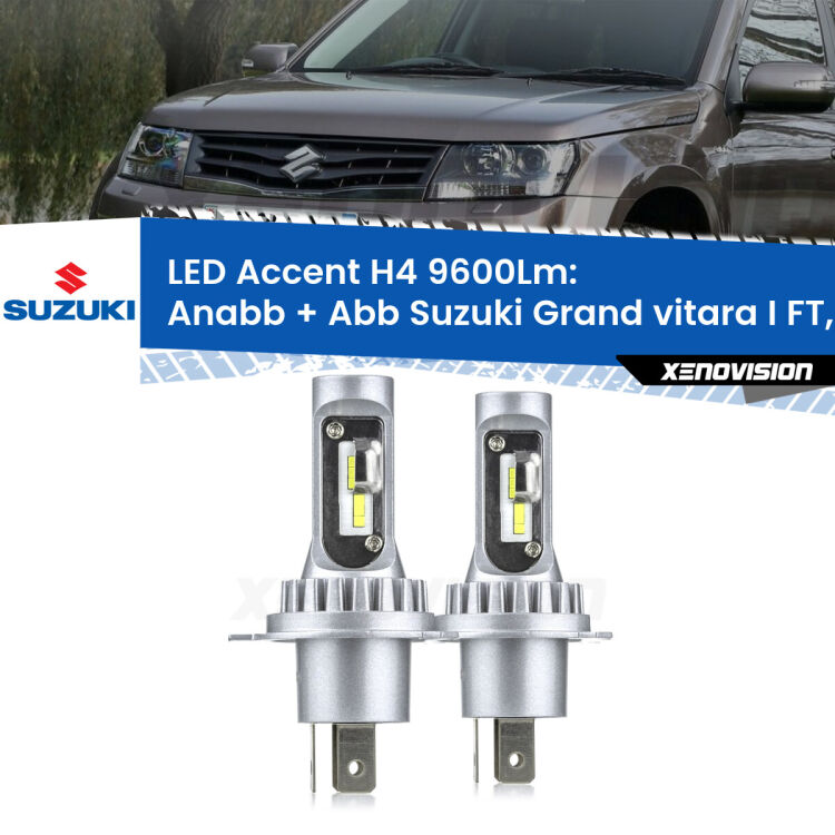 <strong>Kit LED per anabbaglianti + abbaglianti Grand vitara I</strong> FT, HT 1998 - 2006.</strong> Coppia lampade <strong>H4</strong> doppia intensità senza ventola e ultracompatte per installazioni in fari senza spazi.