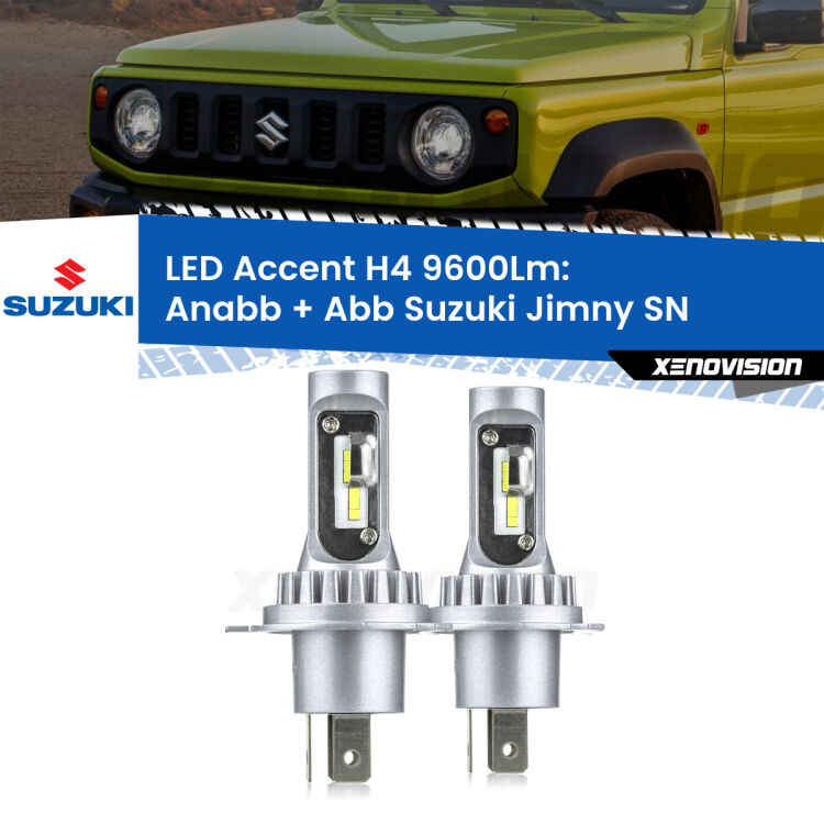 <strong>Kit LED per anabbaglianti + abbaglianti Jimny</strong> SN 1998 in poi.</strong> Coppia lampade <strong>H4</strong> doppia intensità senza ventola e ultracompatte per installazioni in fari senza spazi.