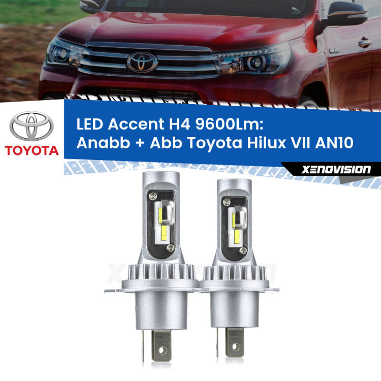 <strong>Kit LED per anabbaglianti + abbaglianti Hilux VII</strong> AN10 2004 - 2015.</strong> Coppia lampade <strong>H4</strong> doppia intensità senza ventola e ultracompatte per installazioni in fari senza spazi.