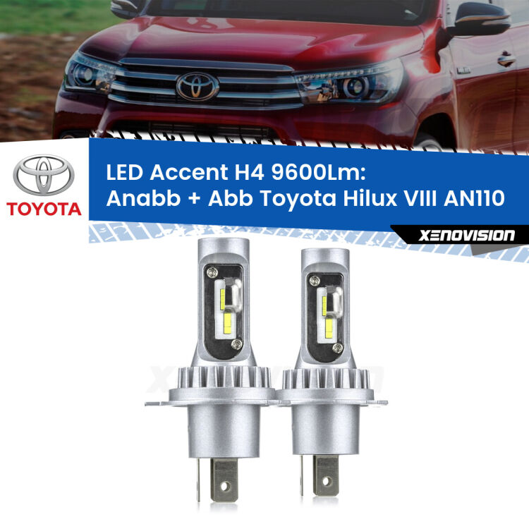 <strong>Kit LED per anabbaglianti + abbaglianti Hilux VIII</strong> AN110 2015 in poi.</strong> Coppia lampade <strong>H4</strong> doppia intensità senza ventola e ultracompatte per installazioni in fari senza spazi.