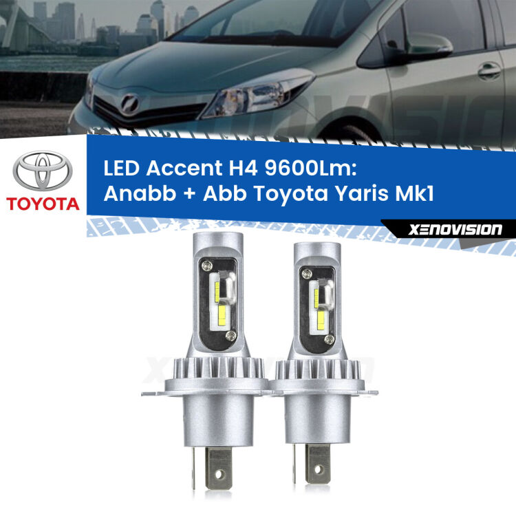 <strong>Kit LED per anabbaglianti + abbaglianti Yaris</strong> Mk1 1999 - 2005.</strong> Coppia lampade <strong>H4</strong> doppia intensità senza ventola e ultracompatte per installazioni in fari senza spazi.