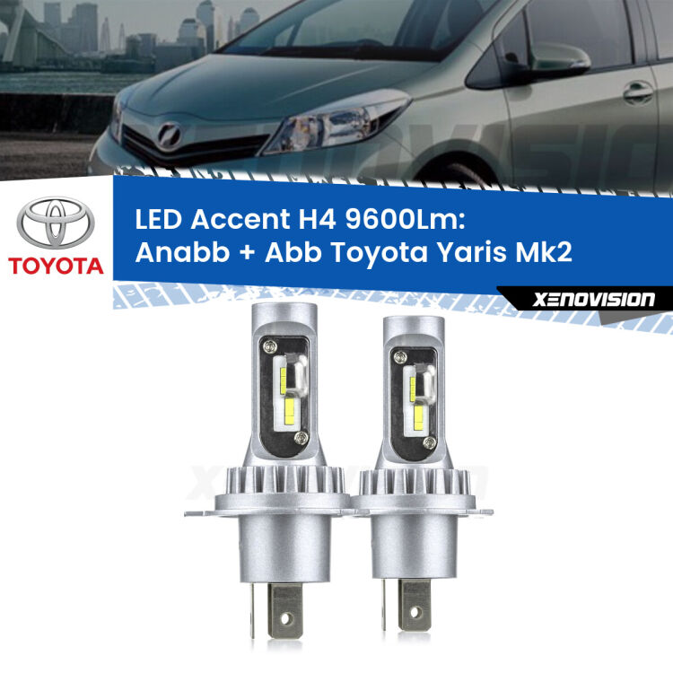 <strong>Kit LED per anabbaglianti + abbaglianti Yaris</strong> Mk2 2005 - 2010.</strong> Coppia lampade <strong>H4</strong> doppia intensità senza ventola e ultracompatte per installazioni in fari senza spazi.