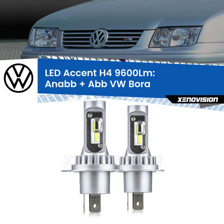 <strong>Kit LED per anabbaglianti + abbaglianti Bora</strong>  1999 - 2006.</strong> Coppia lampade <strong>H4</strong> doppia intensità senza ventola e ultracompatte per installazioni in fari senza spazi.