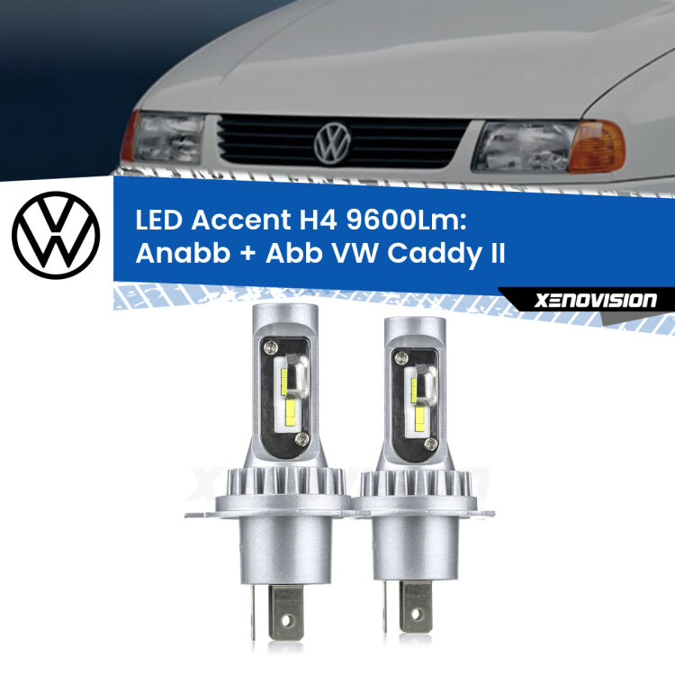 <strong>Kit LED per anabbaglianti + abbaglianti Caddy II</strong>  1996 - 2004.</strong> Coppia lampade <strong>H4</strong> doppia intensità senza ventola e ultracompatte per installazioni in fari senza spazi.