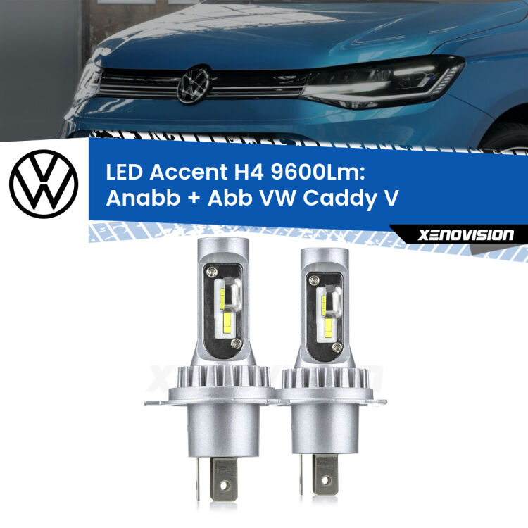 <strong>Kit LED per anabbaglianti + abbaglianti Caddy V</strong>  mono parabola.</strong> Coppia lampade <strong>H4</strong> doppia intensità senza ventola e ultracompatte per installazioni in fari senza spazi.