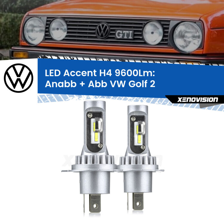 <strong>Kit LED per anabbaglianti + abbaglianti Golf 2</strong>  1983 - 1990.</strong> Coppia lampade <strong>H4</strong> doppia intensità senza ventola e ultracompatte per installazioni in fari senza spazi.