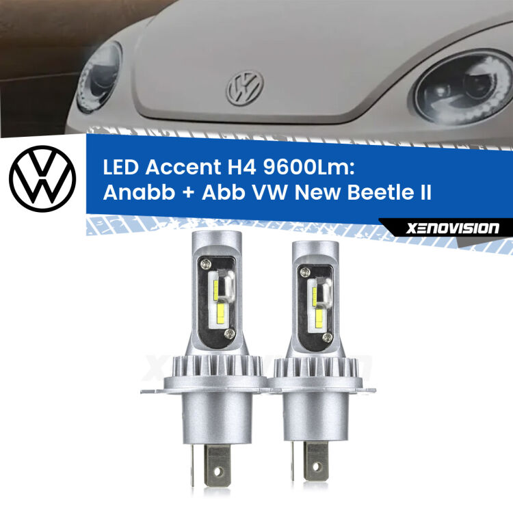 <strong>Kit LED per anabbaglianti + abbaglianti New Beetle</strong> II 2011 - 2019.</strong> Coppia lampade <strong>H4</strong> doppia intensità senza ventola e ultracompatte per installazioni in fari senza spazi.