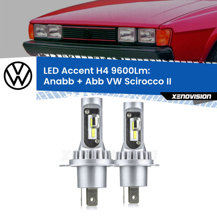 <strong>Kit LED per anabbaglianti + abbaglianti Scirocco</strong> II 1980 - 1992.</strong> Coppia lampade <strong>H4</strong> doppia intensità senza ventola e ultracompatte per installazioni in fari senza spazi.