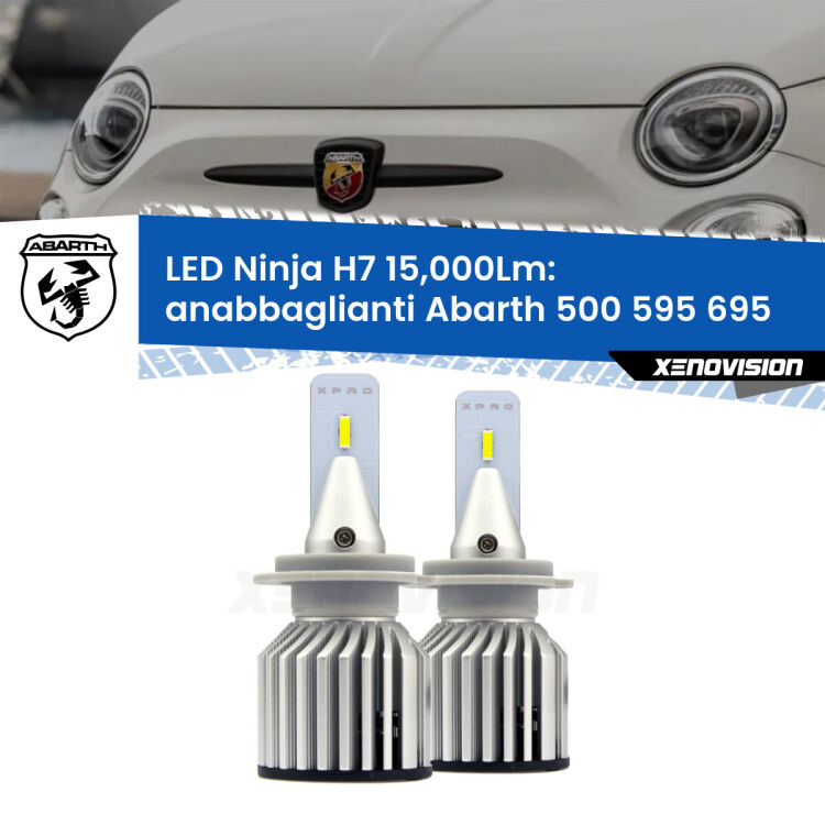 FINE SERIE: NO GARANZIA<strong>Kit anabbaglianti LED specifico per Abarth 500 595 695</strong>  2008 - 2015. Lampade <strong>H7</strong> Canbus da 15.000Lumen di luminosità modello Ninja Xenovision.