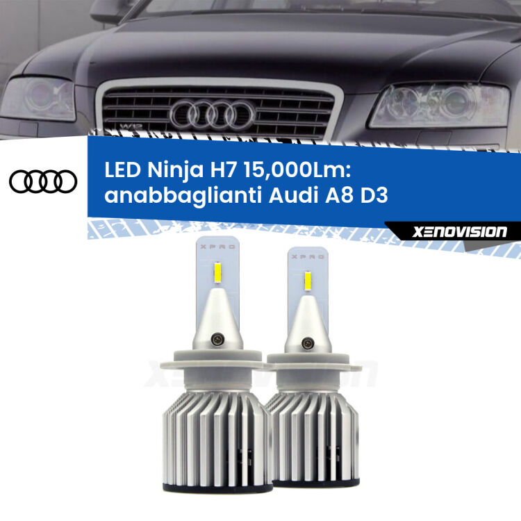 FINE SERIE: NO GARANZIA<strong>Kit anabbaglianti LED specifico per Audi A8</strong> D3 2002 - 2009. Lampade <strong>H7</strong> Canbus da 15.000Lumen di luminosità modello Ninja Xenovision.