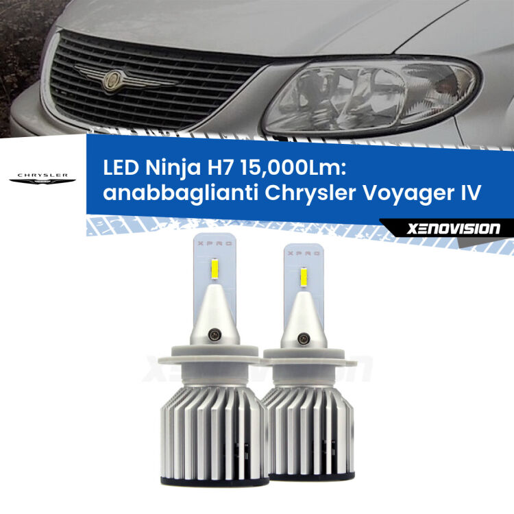 FINE SERIE: NO GARANZIA<strong>Kit anabbaglianti LED specifico per Chrysler Voyager IV</strong>  2000 - 2007. Lampade <strong>H7</strong> Canbus da 15.000Lumen di luminosità modello Ninja Xenovision.