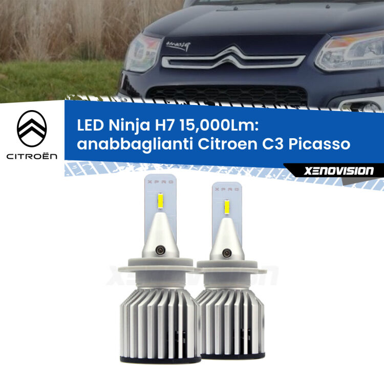 FINE SERIE: NO GARANZIA<strong>Kit anabbaglianti LED specifico per Citroën C3 Picasso</strong>  2009 - 2016. Lampade <strong>H7</strong> Canbus da 15.000Lumen di luminosità modello Ninja Xenovision.