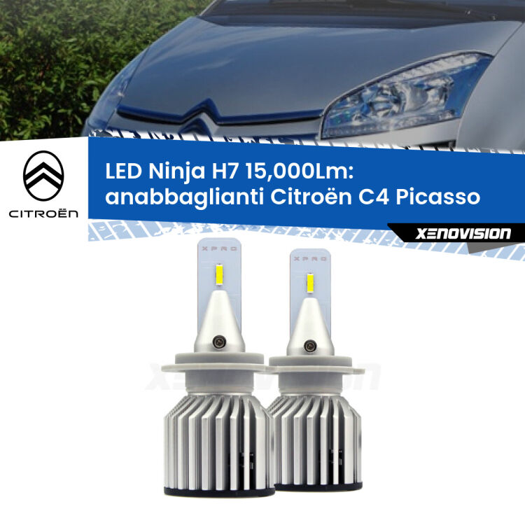 FINE SERIE: NO GARANZIA<strong>Kit anabbaglianti LED specifico per Citroën C4 Picasso</strong>  2006 - 2013. Lampade <strong>H7</strong> Canbus da 15.000Lumen di luminosità modello Ninja Xenovision.