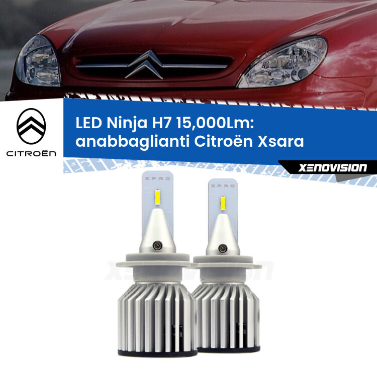 FINE SERIE: NO GARANZIA<strong>Kit anabbaglianti LED specifico per Citroën Xsara</strong>  a parabola doppia. Lampade <strong>H7</strong> Canbus da 15.000Lumen di luminosità modello Ninja Xenovision.