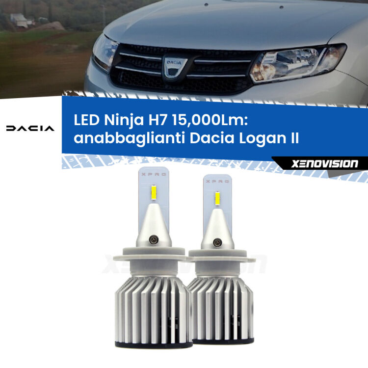 FINE SERIE: NO GARANZIA<strong>Kit anabbaglianti LED specifico per Dacia Logan</strong> II a parabola doppia. Lampade <strong>H7</strong> Canbus da 15.000Lumen di luminosità modello Ninja Xenovision.