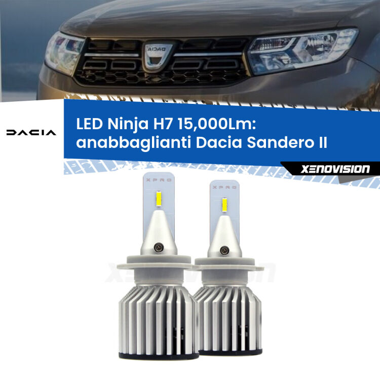 FINE SERIE: NO GARANZIA<strong>Kit anabbaglianti LED specifico per Dacia Sandero II</strong>  a parabola doppia. Lampade <strong>H7</strong> Canbus da 15.000Lumen di luminosità modello Ninja Xenovision.