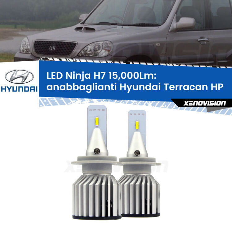 FINE SERIE: NO GARANZIA<strong>Kit anabbaglianti LED specifico per Hyundai Terracan</strong> HP 2001 - 2006. Lampade <strong>H7</strong> Canbus da 15.000Lumen di luminosità modello Ninja Xenovision.