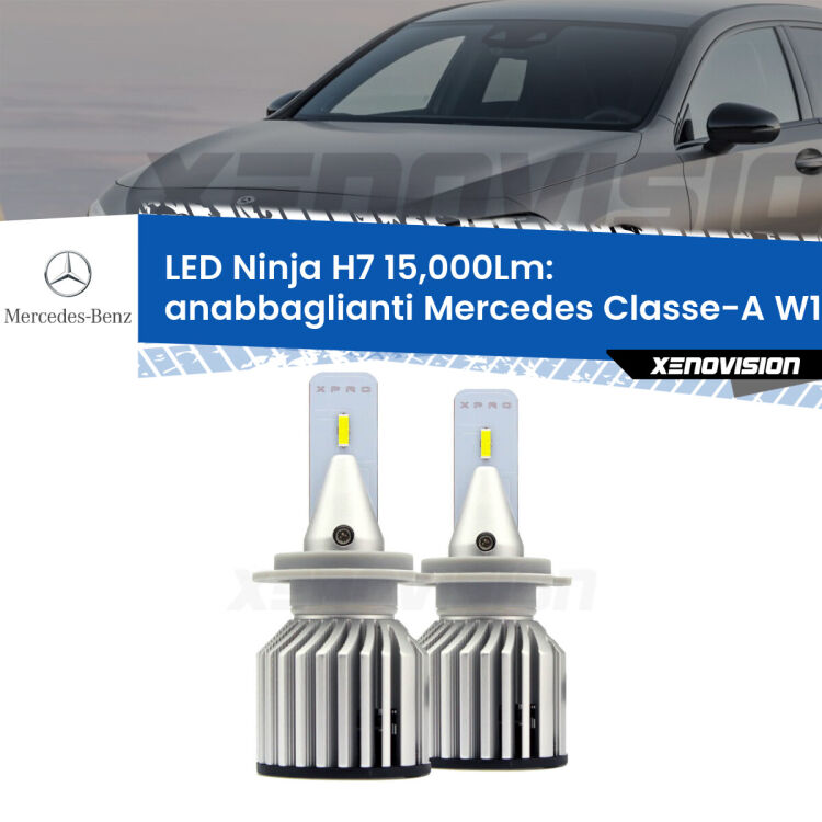 FINE SERIE: NO GARANZIA<strong>Kit anabbaglianti LED specifico per Mercedes Classe-A</strong> W176 2012 - 2018. Lampade <strong>H7</strong> Canbus da 15.000Lumen di luminosità modello Ninja Xenovision.