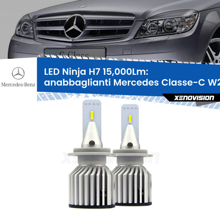 FINE SERIE: NO GARANZIA<strong>Kit anabbaglianti LED specifico per Mercedes Classe-C</strong> W204 Prima serie. Lampade <strong>H7</strong> Canbus da 15.000Lumen di luminosità modello Ninja Xenovision.