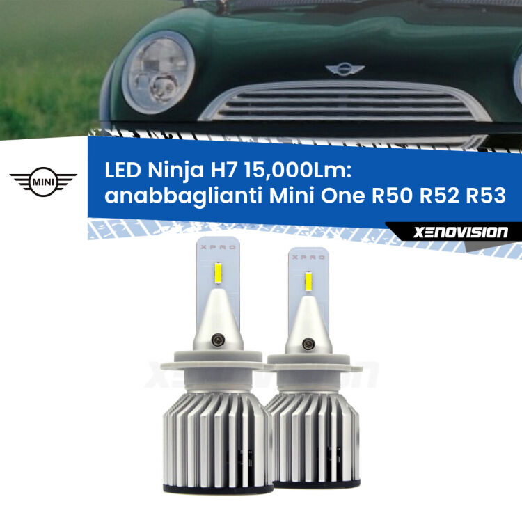 FINE SERIE: NO GARANZIA<strong>Kit anabbaglianti LED specifico per Mini One</strong> R50 R52 R53 2001 - 2006. Lampade <strong>H7</strong> Canbus da 15.000Lumen di luminosità modello Ninja Xenovision.