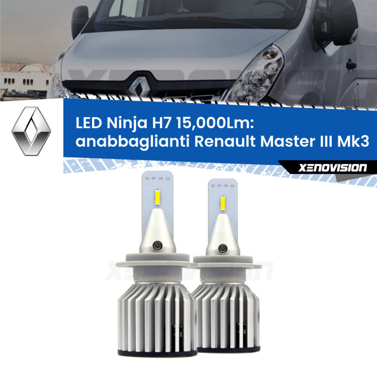 FINE SERIE: NO GARANZIA<strong>Kit anabbaglianti LED specifico per Renault Master III</strong> Mk3 2010 in poi. Lampade <strong>H7</strong> Canbus da 15.000Lumen di luminosità modello Ninja Xenovision.