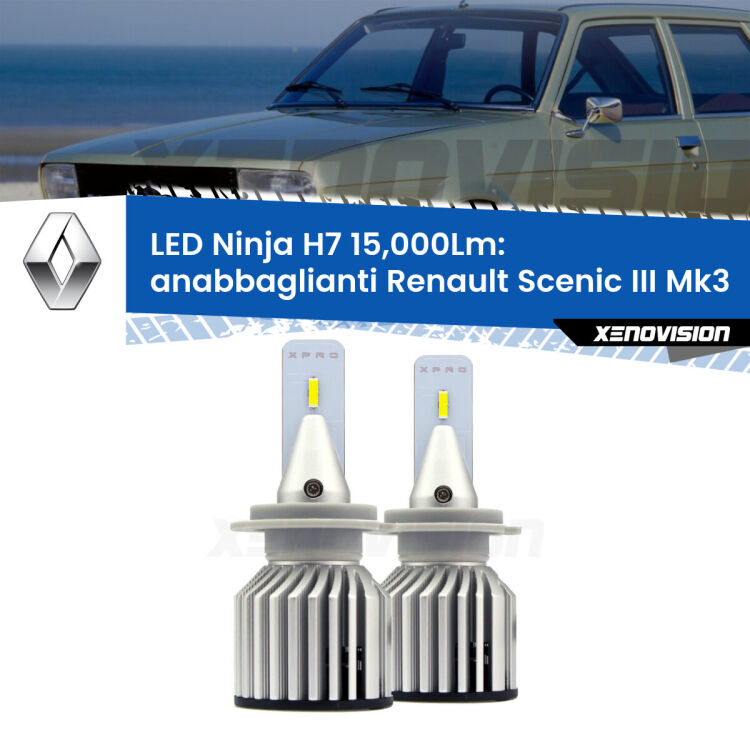 FINE SERIE: NO GARANZIA<strong>Kit anabbaglianti LED specifico per Renault Scenic III</strong> Mk3 2009 - 2015. Lampade <strong>H7</strong> Canbus da 15.000Lumen di luminosità modello Ninja Xenovision.