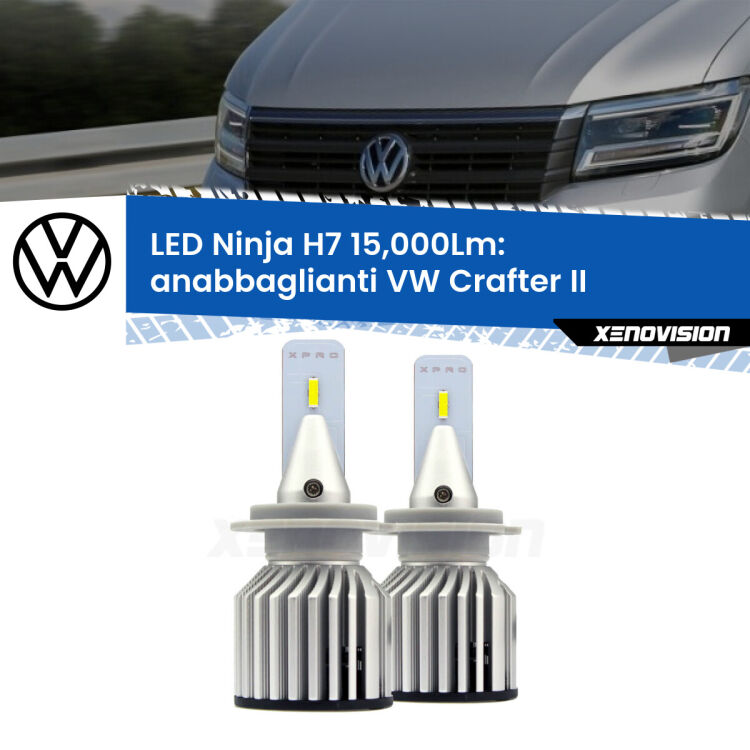 FINE SERIE: NO GARANZIA<strong>Kit anabbaglianti LED specifico per VW Crafter</strong> II 2016 in poi. Lampade <strong>H7</strong> Canbus da 15.000Lumen di luminosità modello Ninja Xenovision.