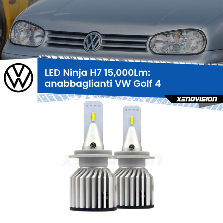 FINE SERIE: NO GARANZIA<strong>Kit anabbaglianti LED specifico per VW Golf 4</strong>  1997 - 2005. Lampade <strong>H7</strong> Canbus da 15.000Lumen di luminosità modello Ninja Xenovision.