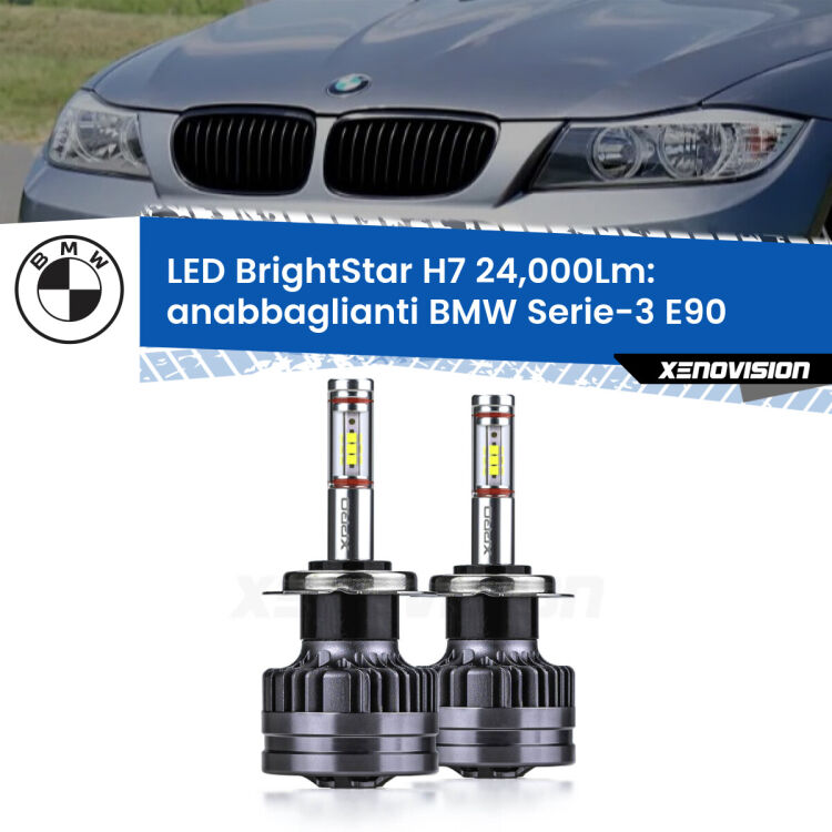 <strong>Kit LED anabbaglianti per BMW Serie-3</strong> E90 2005 - 2011. </strong>Include due lampade Canbus H7 Brightstar da 24,000 Lumen. Qualità Massima.