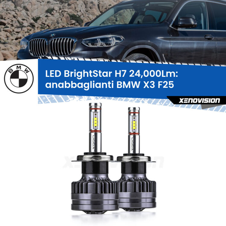 <strong>Kit LED anabbaglianti per BMW X3</strong> F25 2010 - 2016. </strong>Include due lampade Canbus H7 Brightstar da 24,000 Lumen. Qualità Massima.