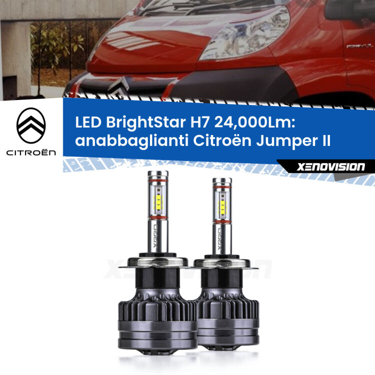 <strong>Kit LED anabbaglianti per Citroën Jumper</strong> II 2002 in poi. </strong>Include due lampade Canbus H7 Brightstar da 24,000 Lumen. Qualità Massima.