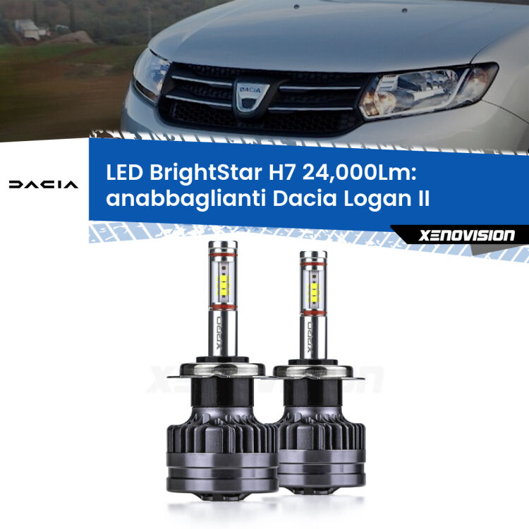 <strong>Kit LED anabbaglianti per Dacia Logan</strong> II a parabola doppia. </strong>Include due lampade Canbus H7 Brightstar da 24,000 Lumen. Qualità Massima.