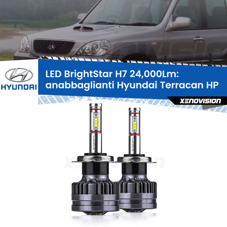 <strong>Kit LED anabbaglianti per Hyundai Terracan</strong> HP 2001 - 2006. </strong>Include due lampade Canbus H7 Brightstar da 24,000 Lumen. Qualità Massima.